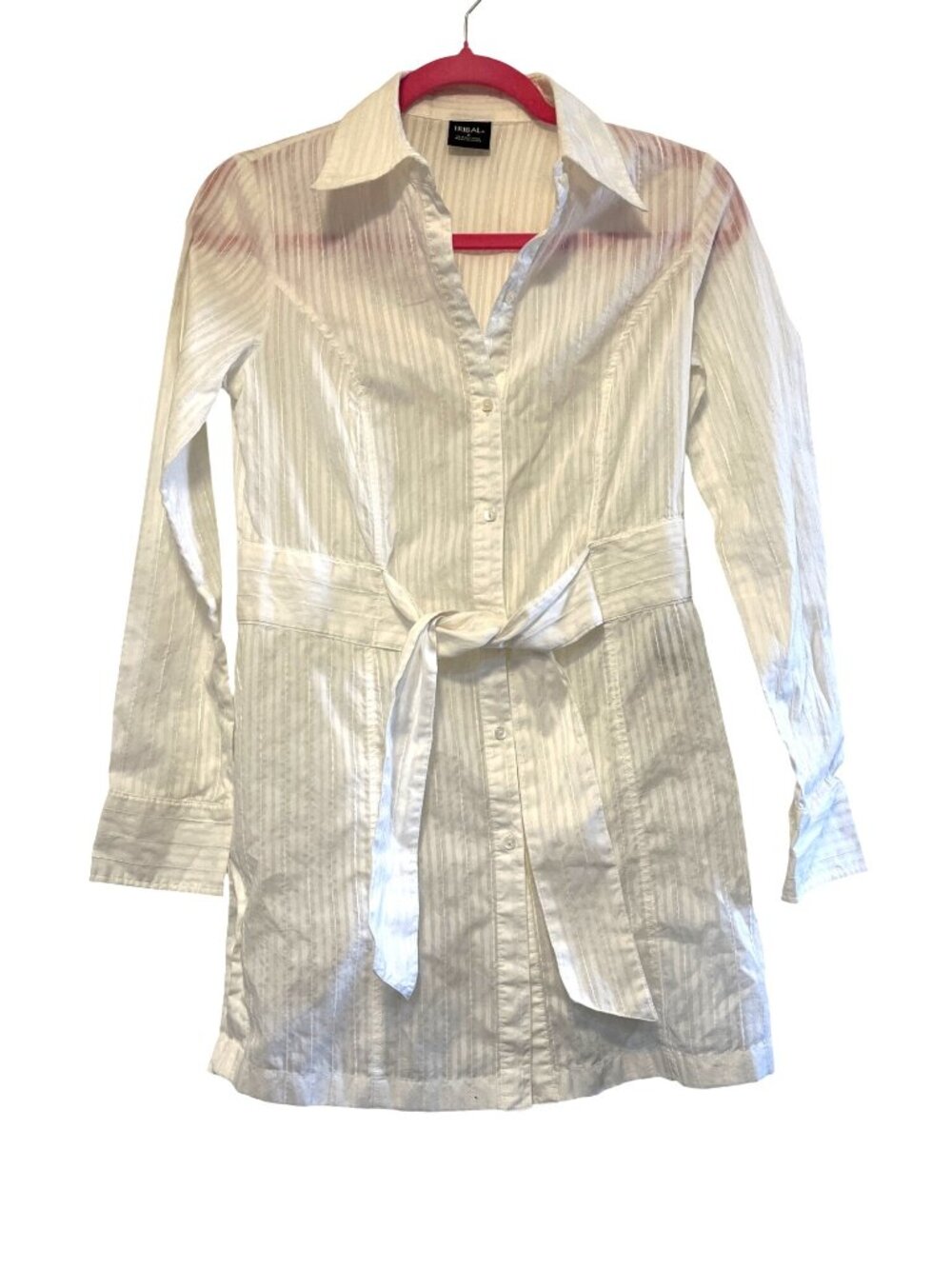 Tribal Womens White Button-Up Blouse With Belt Size 2 100% Cotton Long Sleeve